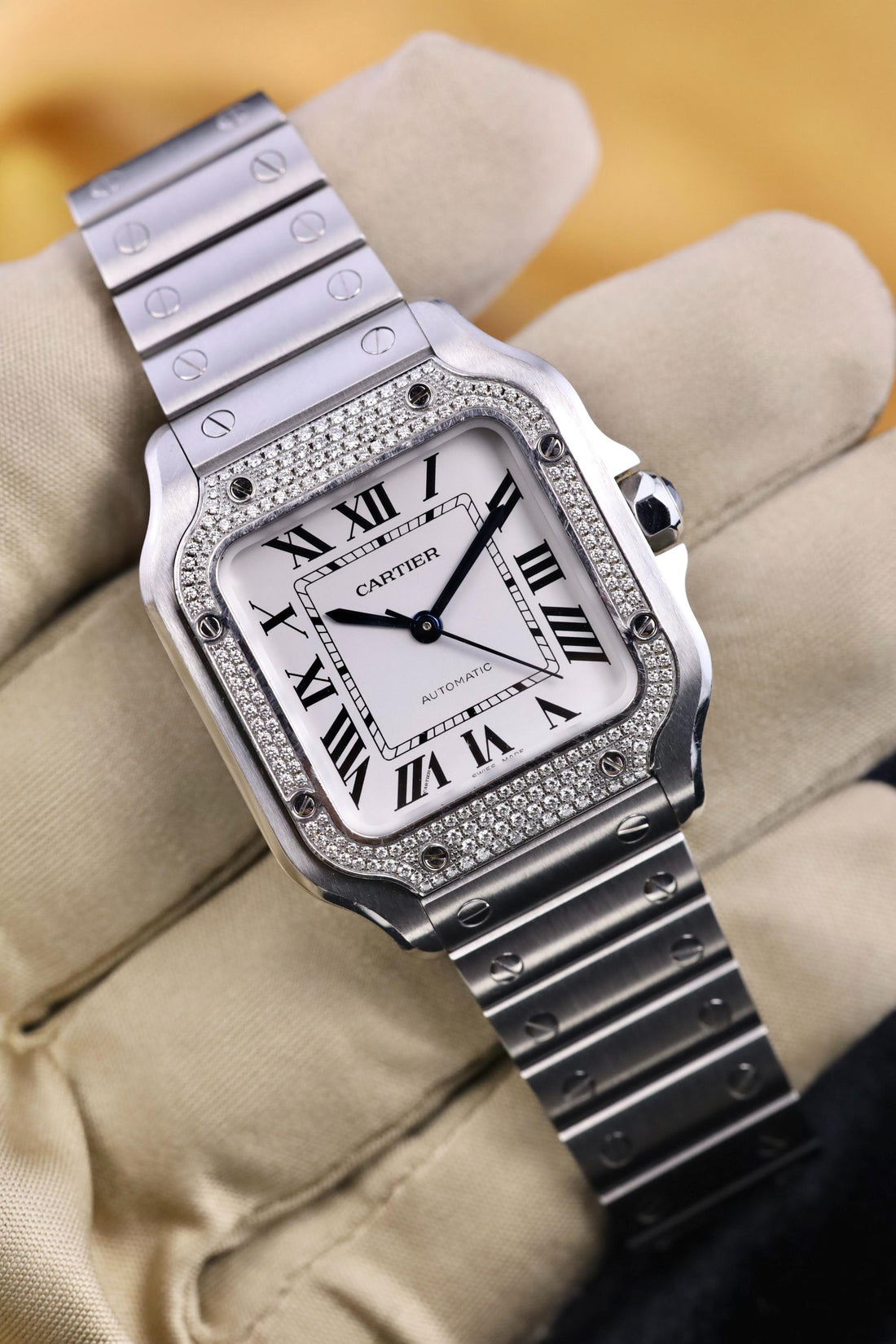Cartier Santos de Cartier Watch - 35.1 mm Steel Case - Diamond Bezel - Sunray Dial - Interchangeable Bracelet - W4SA0005 - 2022