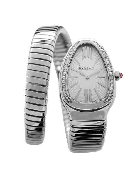 Bvlgari Serpenti Quartz Diamond White Dial Diamond Bezel Rubellite Crown Ladies Watch