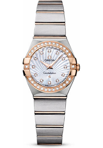 Omega Ladies Constellation Quartz Watch - 24 mm Brushed Steel And Red Gold Case - Diamond Bezel - Mother-Of-Pearl Diamond Dial - 123.25.24.60.55.002