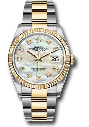 Rolex Steel and Yellow Gold Rolesor Datejust 36 Watch - Fluted Bezel - White Mother-Of-Pearl Diamond Dial - Oyster Bracelet - 126233 mdo