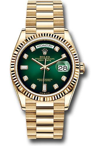 Rolex Yellow Gold Day-Date 36 Watch - Fluted Bezel - Green Ombre Diamond Dial - President Bracelet - 128238 godp