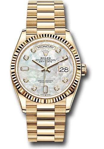 Rolex Yellow Gold Day-Date 36 Watch - Fluted Bezel - Mother-of-Pearl Diamond Dial - President Bracelet - 128238 mdp