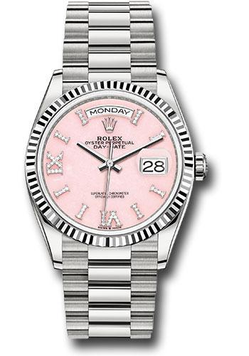 Rolex White Gold Day-Date 36 Watch - Fluted Bezel - Pink Opal Diamond Hour Marker Dial - President Bracelet - 128239 podhmp