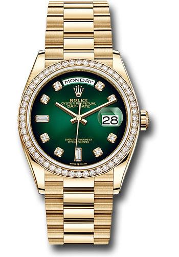 Rolex Yellow Gold Day-Date 36 Watch - Diamond Bezel - Green Ombre Diamond Dial - President Bracelet - 128348RBR godp