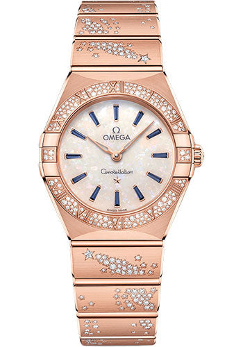 Omega Constellation Quartz - 28 mm Sedna Gold Case - Diamond Bezel - White Opal Sapphire Dial - 131.55.28.60.99.002