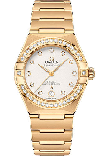 Omega Constellation Manhattan Co-Axial Master Chronometer Watch - 29 mm Yellow Gold Case - Diamond-Paved Bezel - Crystal White Silvery Diamond Dial - 131.55.29.20.52.002