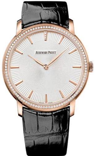 Audemars Piguet Jules Audemars Extra-Thin 41mm Silver Index Diamond Bezel Rose Gold Leather | 15182OR.ZZ.A102CR.01