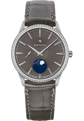 Zenith Elite Moonphase Watch - Steel - Diamond Bezel - Slate-Grey Dial - Grey Alligator Strap - 16.3200.692/03.C833