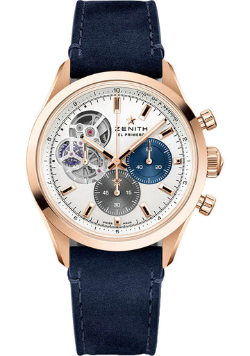 Zenith Chronomaster Open Watch - 39.5 mm Rose Gold Case - Silver Matte Dial - Blue Calfskin Strap - 18.3300.3604/69.C922