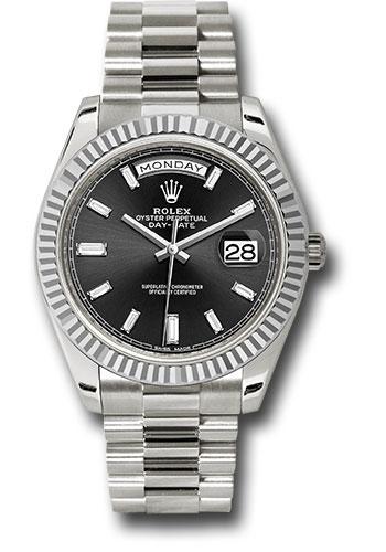 Rolex White Gold Day-Date 40 Watch - Fluted Bezel - Black Baguette Diamond Dial - President Bracelet - 228239 bkbdp