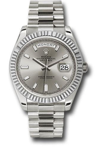 Rolex White Gold Day-Date 40 Watch - Fluted Bezel - Silver Baguette Diamond Dial - President Bracelet - 228239 sbdp