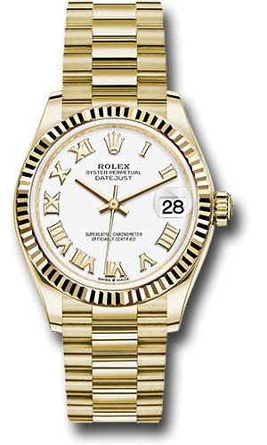 Rolex Yellow Gold Datejust 31 Watch - Fluted Bezel - White Roman Dial - President Bracelet - 278278 wrp