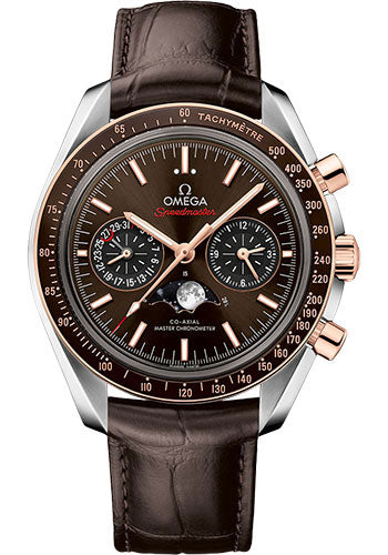 Omega Speedmaster Moonphase Master Chronometer Chronograph Watch - 44.25 mm Steel Case - Sedna Gold Bezel - Brown Diamond Dial - Brown Leather Strap - 304.23.44.52.13.001