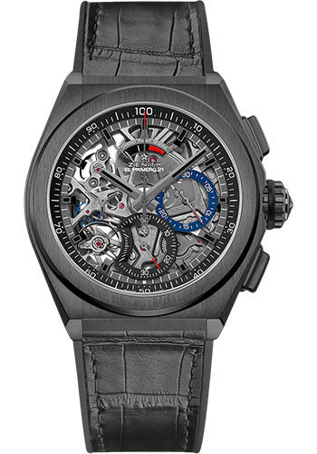 Zenith Defy El Primero 21 Watch - Black Ceramic - Openworked Dial - Black Rubber and Alligator Strap - 49.9000.9004/78.R582