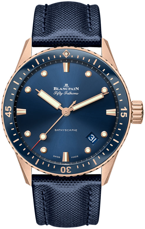 Blancpain Fifty Fathoms Bathyscaphe Sedna Gold Blue Canvas Men's Watch - 5000 36S40 O52A