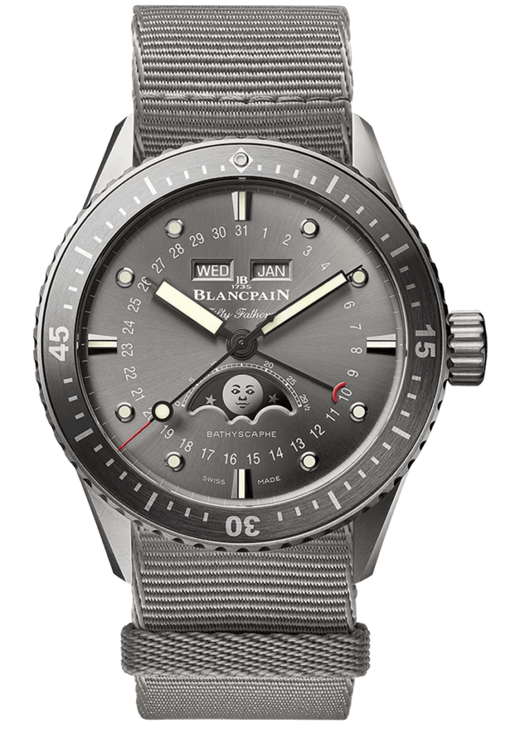 Blancpain Fifty Fathoms Bathyscaphe Quantieme Complet Phases de Lune NATO Men's Watch - 5054 1210 NAGA