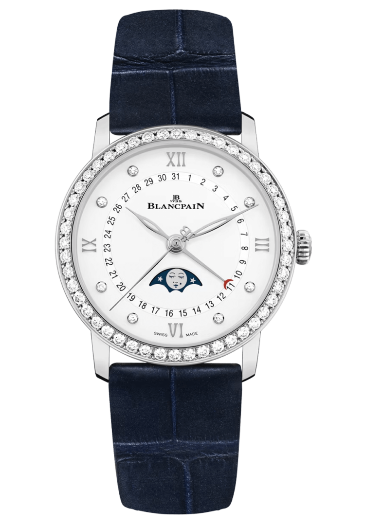 Blancpain Villeret Quantieme Phase de Lune Diamond Blue Alligator Ladies Watch - 6126 4628 55B