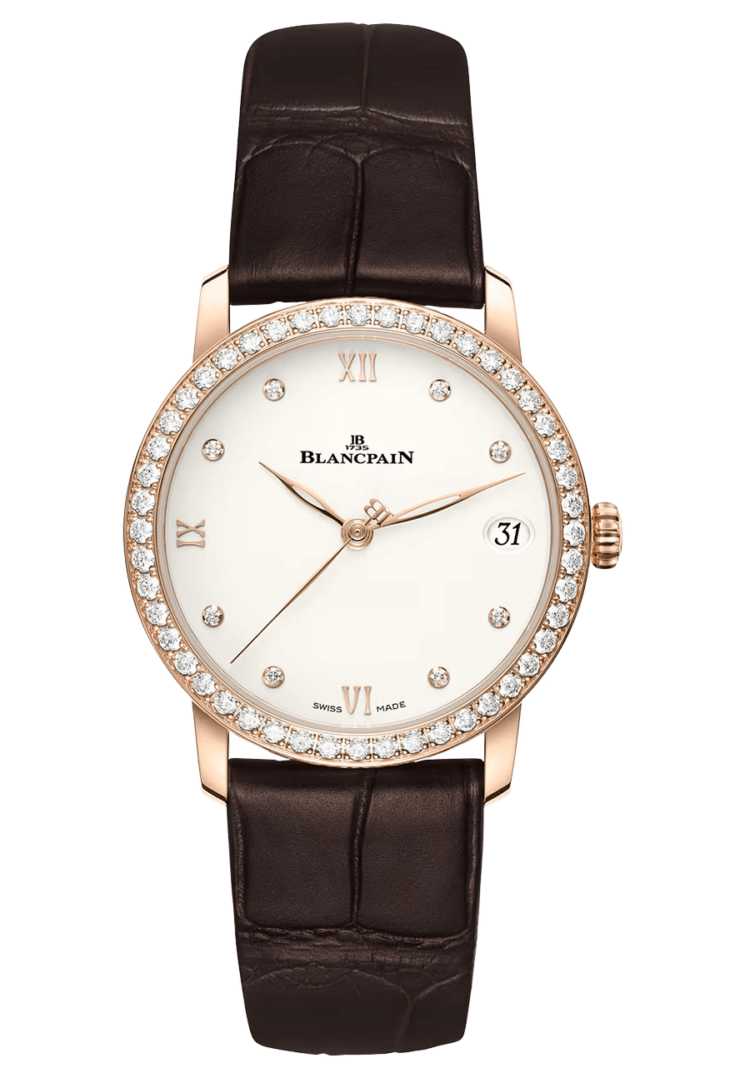 Blancpain Villeret Women Date Red Gold Diamond Ultra-Slim Alligator Ladies Watch - 6127 2987 55B