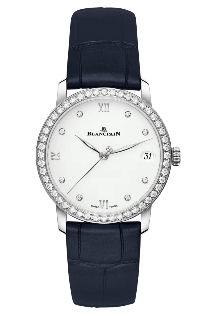 Blancpain Villeret Women Date Ultra-Slim Diamond Blue Alligator Ladies Watch - 6127 4628 55B