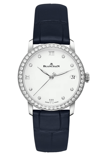 Blancpain Villeret Women Date Ultra-Slim Diamond Blue Alligator Ladies Watch - 6127 4628 55B