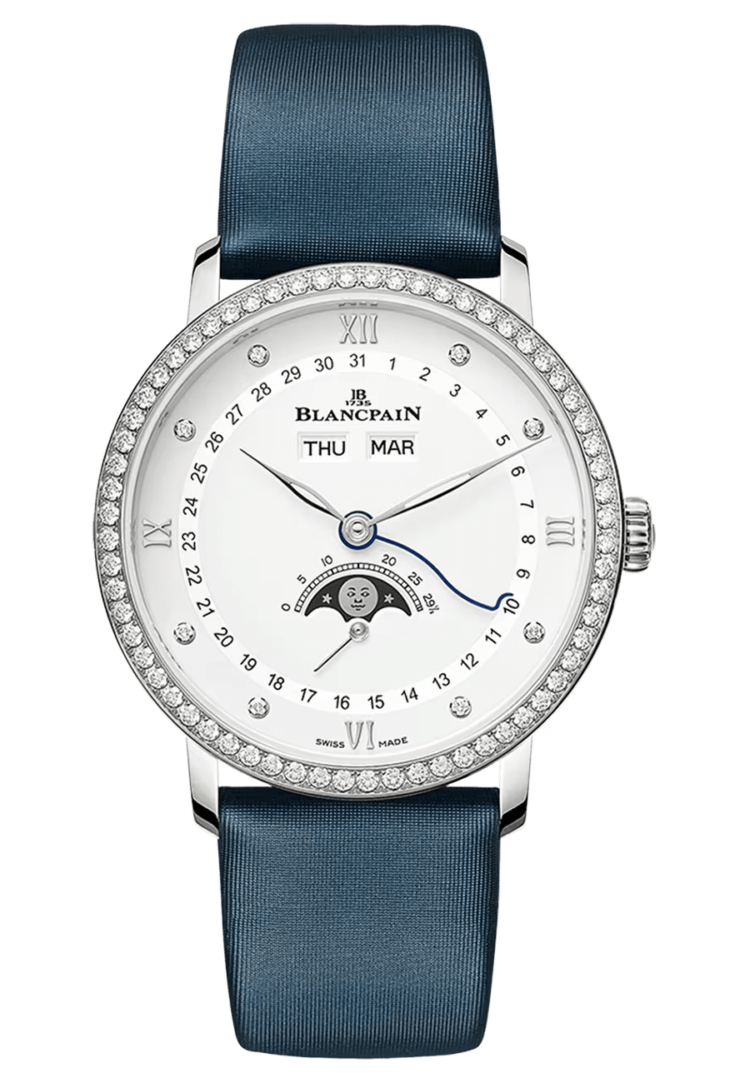 Blancpain Villeret Quantieme Complet Steel Diamond Blue Satin Ladies Watch - 6264 4628 95A