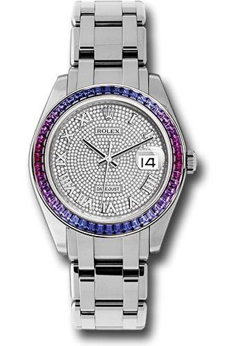 Rolex White Gold Datejust Pearlmaster 39 Watch - 48 Blue To Fuchsia Pink Gradient Baguette-Cut Sapphires Bezel - 18K White Gold Diamond Paved Dial - 86349SAF dpr