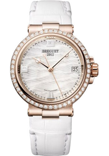 Breguet Marine Dame 9518 - Rose Gold Case - Marea Motif Mother-Of-Pearl Dial - White Leather Strap - 9518BR/52/984/D000