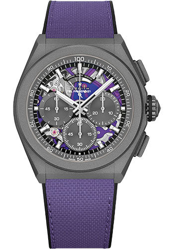 Zenith DEFY 21 Ultraviolet Watch - Sandblasted Titanium - Grey and Ultraviolet Dial - Rubber Backed Violet Fabric Strap - 97.9001.9004/80.R922