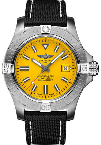 Breitling Avenger Automatic 45 Seawolf Watch - Stainless Steel - Yellow Dial - Anthracite Calfskin Leather Strap - Tang Buckle - A17319101I1X1