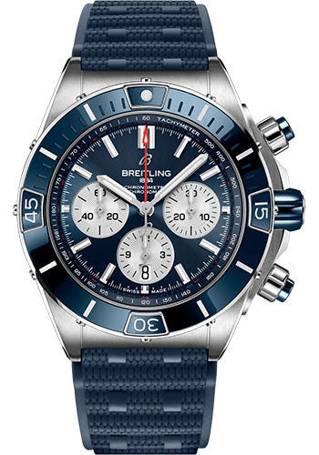 Breitling Super Chronomat B01 44 Watch - Stainless Steel - Blue Dial - Blue Rubber Strap - Folding Buckle - AB0136161C1S1