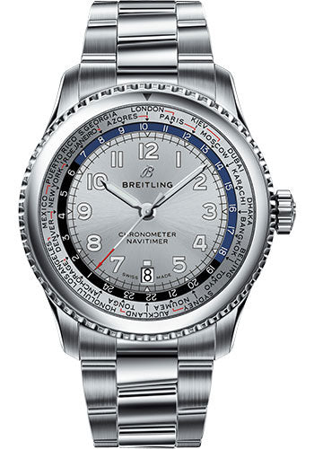 Breitling Aviator 8 B35 Automatic Unitime 43 Watch - Steel Case - Mercury Silver Dial - Steel Professional III Bracelet - AB3521U01G1A1