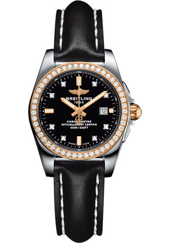 Breitling Galactic 29 Sleek Watch - Steel & rose Gold, gem-set bezel - Trophy Black Diamond Dial - Black Leather Strap - Tang Buckle - C7234853/BE86/477X/A12BA.1