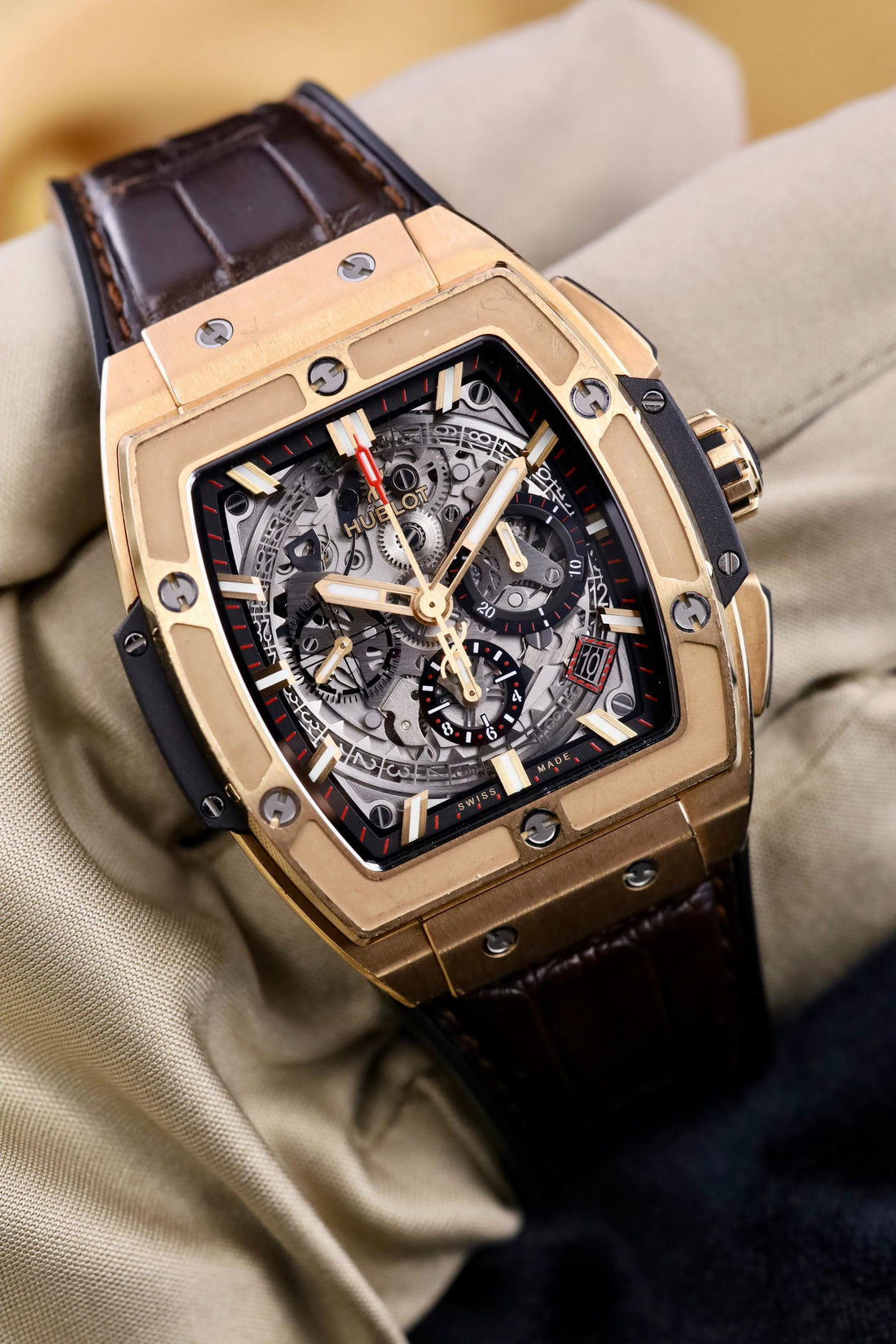 Hublot Spirit of Big Bang King Gold Watch - 42 mm - Sapphire Dial - Black Rubber and Brown Leather Strap - 641.OX.0183.LR - 2024
