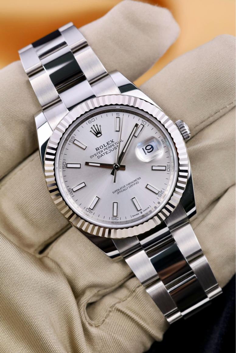 Rolex Steel and White Gold Rolesor Datejust 41 Watch - Fluted Bezel - Silver Sunburst Index Dial - Oyster Bracelet - 126334 -2025