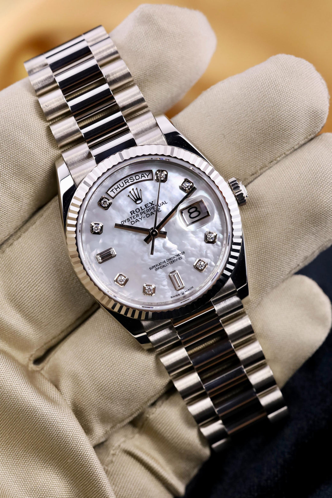 Rolex Day-Date 36 President White Gold White Mother of Pearl Diamond Dial Fluted Bezel - 128239 - 2025