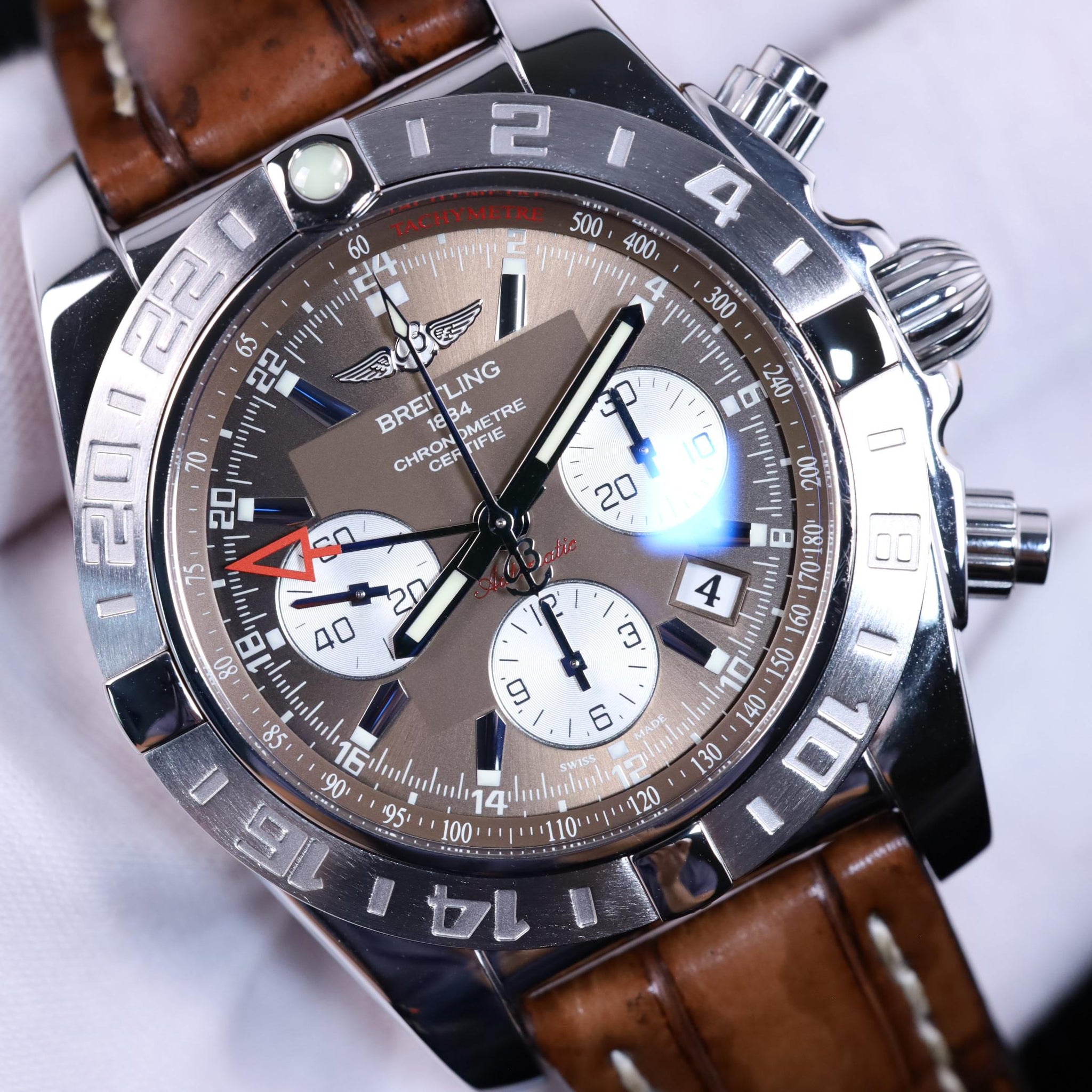 Breitling Chronometre GMT Chronograph - Copper Dial - AB0420 - 2012 - Mint Pre-owned - Brown Leather Strap