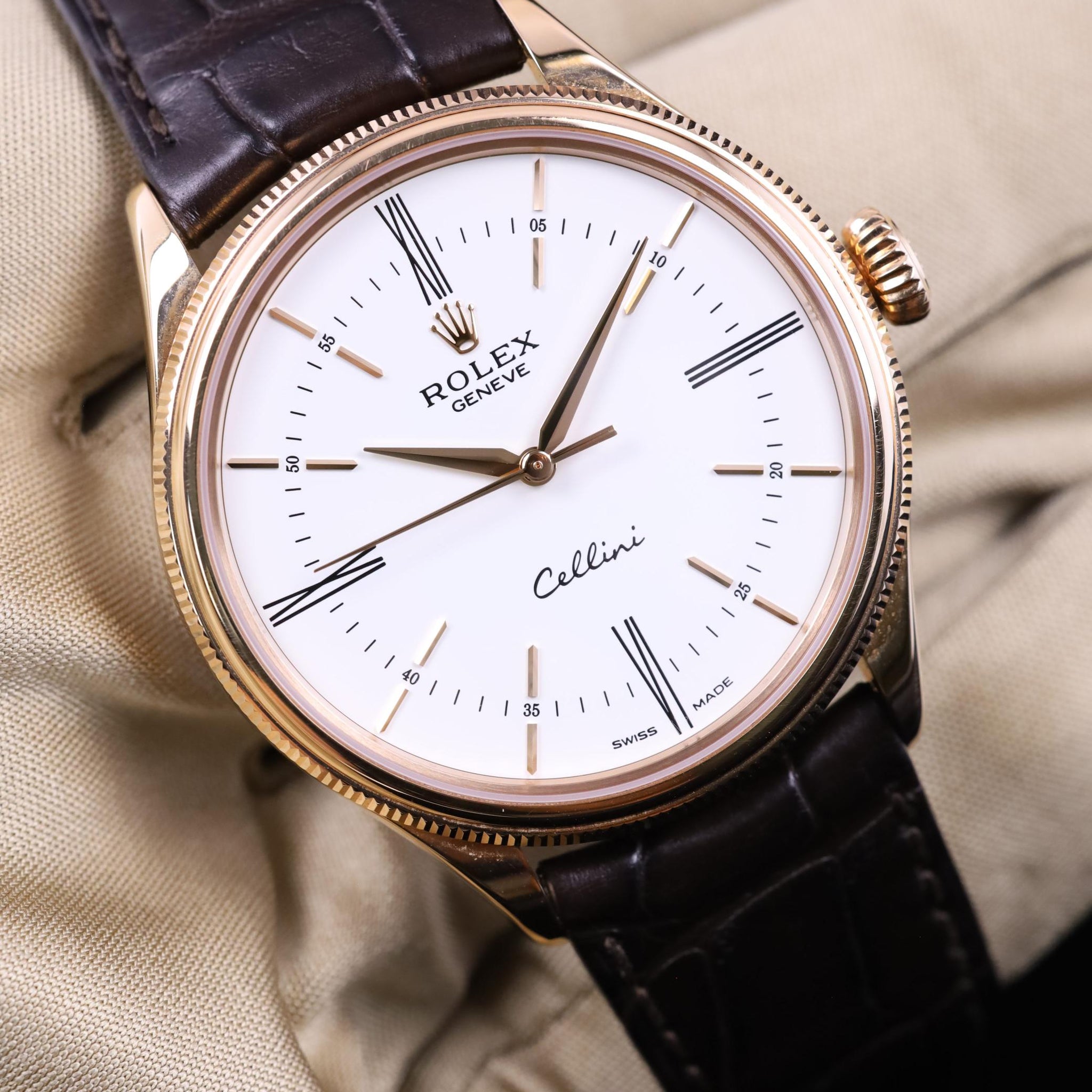 Rolex Cellini 50505 39mm White Index Rose Gold Leather - Mint Pre-owned - 2018