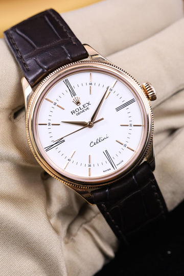 Rolex Cellini 50505 39mm White Index Rose Gold Leather - Mint Pre-owned - 2018