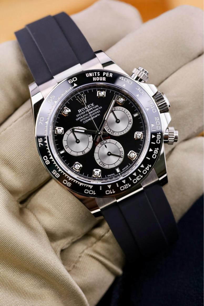 Rolex White Gold Cosmograph Daytona Watch - Black Cerachrom Bezel - Black And Steel Diamond Dial - Oysterflex Strap - 126519ln bkstdof