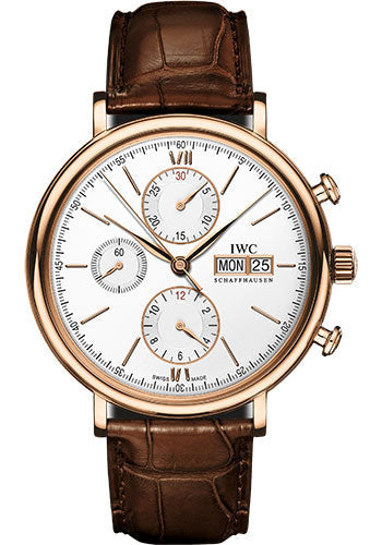 IWC Portofino Chronograph Watch - 42.0 mm 5N Gold Case - Silver Dial - Dark Brown Alligator Strap - IW391025