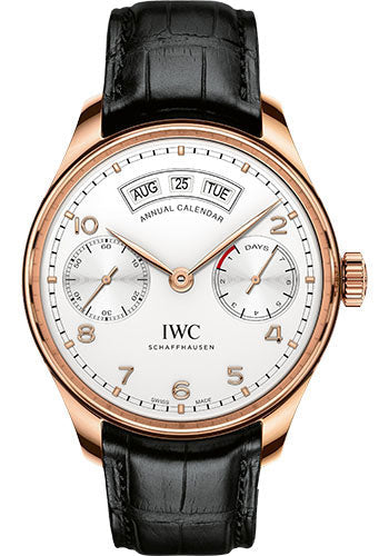 IWC Portugieser Annual Calendar Watch - 44.2 mm Red Gold Case - Silver Dial - Black Alligator Strap - IW503504