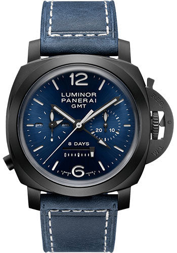 Panerai Luminor Chrono Monopulsante 8 Giorni GMT Blu Notte - 44mm Black Ceramic Case - Blue Sun-Brushed Dial - PAM01135