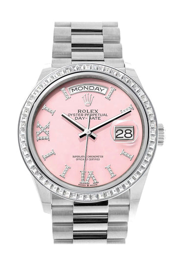 Rolex Day-Date 36 Pink Opal Dial Diamond Bezel Platinum President Watch 128396TBR