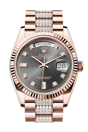 Rolex Day-Date 36 Slate Diamond Dial Fluted Bezel 18K Everose gold Diamond  President Watch 128235