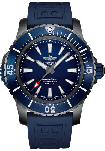 Breitling Superocean Automatic 48 Watch - DLC-Coated Titanium - Blue Dial - Blue Rubber Strap - Tang Buckle - V17369161C1S1