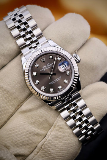 Rolex Steel and White Gold Rolesor Lady-Datejust 28 Watch - Fluted Bezel - Dark Grey Diamond Dial - Jubilee Bracelet - 279174 - 2025