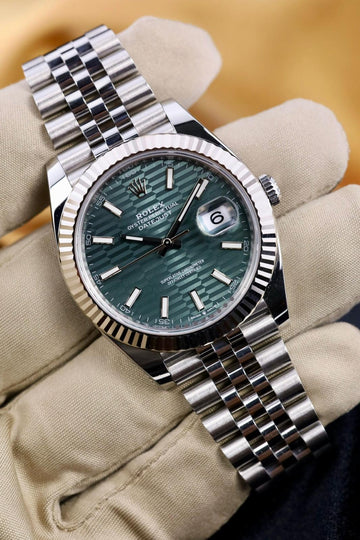 Rolex Datejust 41 White Gold/Steel Mint Green Index Dial Fluted Bezel Jubilee Bracelet Watch - 126334 - 2023