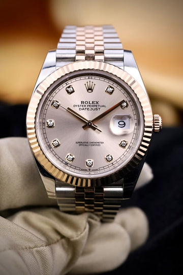 Rolex Steel and Everose Rolesor Datejust 41 Watch - Fluted Bezel - Sundust Diamond Dial - Jubilee Bracelet - 126331 - 2024