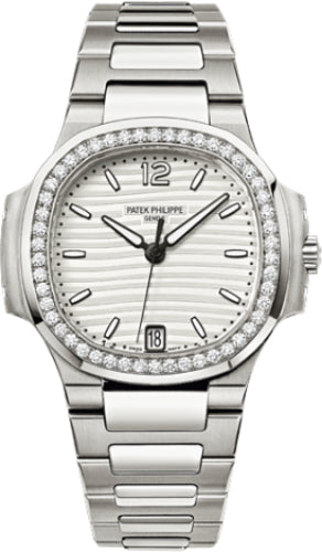 Patek Philippe Nautilus Ladies 33.6mm Silver Index Diamond Bezel Stainless Steel Diamond Set Date | 7018/1A-001