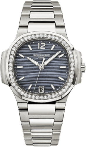 Patek Philippe Nautilus Ladies 33.6mm Blue Stainless Steel Mother of Pearl Index Diamond Bezel Date | 7018/1A-010